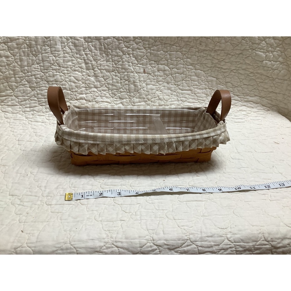 Longaberger Woven Basket with Gingham Liner Plastic Protector Leather Handles